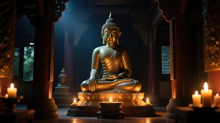 Fototapeta premium Golden Buddha statue in a dimly lit temple, surrounded by candles