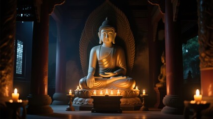Golden Buddha statue in dimly lit temple