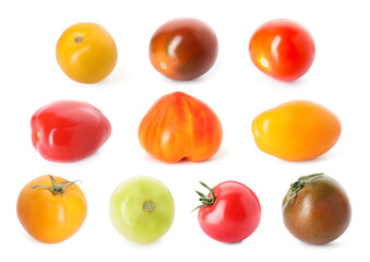 Different types of ripe tomatoes isolated on white, collage