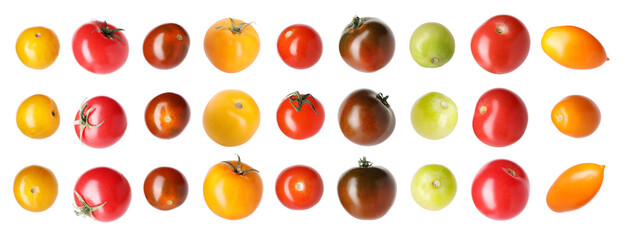 Different types of ripe tomatoes isolated on white, collage