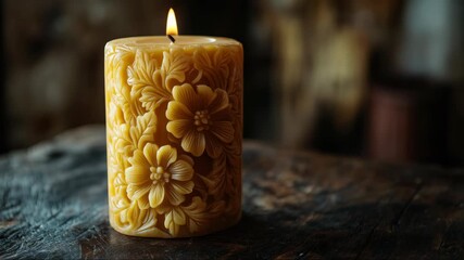 Elegant beeswax candle with floral carvings, illuminating dark background.  Candle features detailed floral design, handcrafted with natural beeswax.