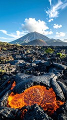 Molten lava flows beneath a dramatic volcanic landscape, showcasing a vibrant orange glow and rugged terrain.