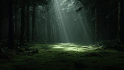 Obraz premium Sunlight streams through a dark forest (1)