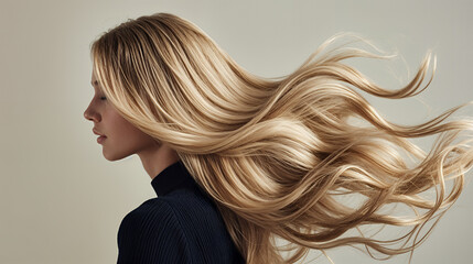 Obraz premium Woman with flowing hair showcases elegance and natural beauty in a soft-focus setting
