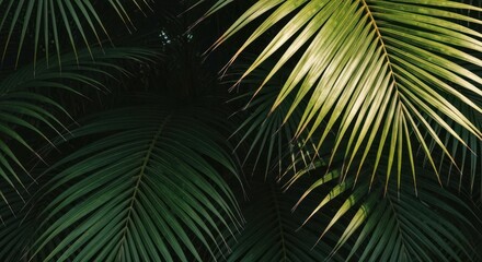 Close-up of lush palm fronds, vibrant green and yellow