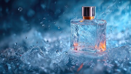 Clear perfume bottle on ice, water splashes