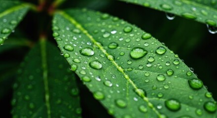 Close-up of rain droplets on lush green leaves