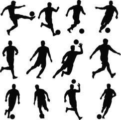 Silhouettes of soccer players in various dynamic action poses, running, dribbling, kicking, juggling, and playing football with energy
