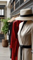 Fototapeta premium A chic arrangement of clothing items showcases a vibrant red jacket and a stylish sun hat amid lush greenery in a fashionable setting