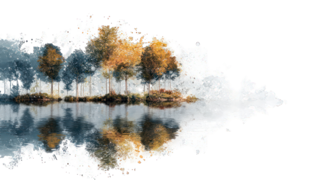 Watercolor landscape of a serene forest reflected on a calm lake