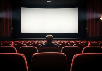 Naklejka premium Man sitting alone in empty cinema watching screen