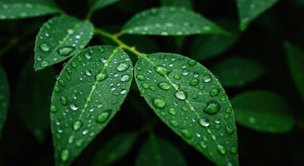 Close-up of vibrant green leaves covered in dew drops