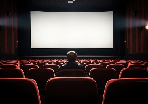 Man sitting alone in empty cinema watching screen
