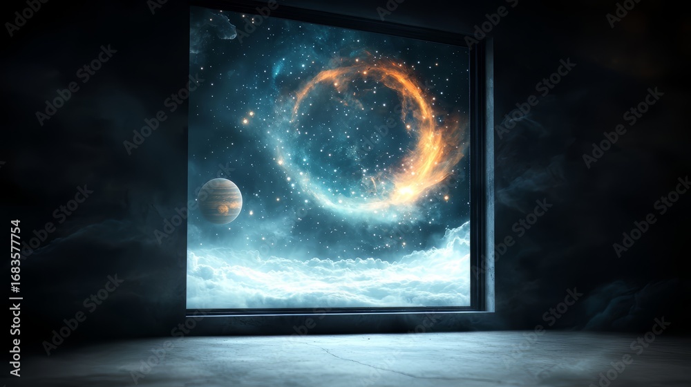 Wall mural window with a planet and a star in the background. the window is dark and the sky is filled with sta