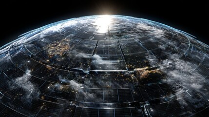 Futuristic Earth Surrounded by Holographic Solar Panels with a Bright Horizon Overview