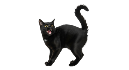 A black cat with arched back hissing with green eyes and tail up isolated on black background looking angry