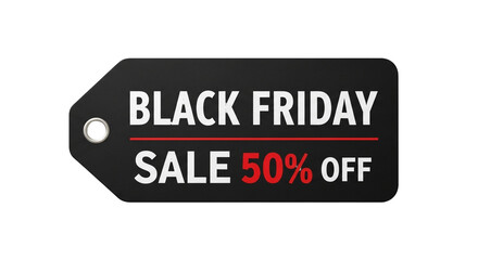 A black friday sale tag with fifty percent off on a black background offering great discounts now
