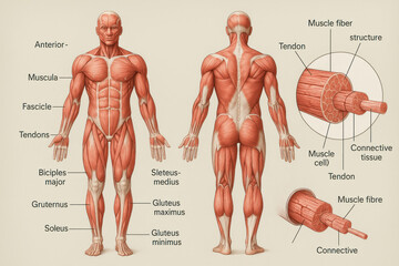 Human Musculature Anatomy Illustration: Anterior & Posterior Views with Muscle Fiber Details - Educational Diagram [Illustration]