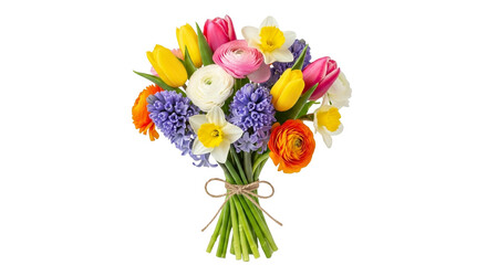 A vibrant bouquet featuring tulips daffodils hyacinths and ranunculus tied with a rustic twine bow