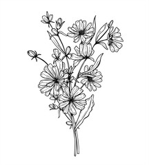 Monochrome chicory plant bouquet line ink illustration. Wild meadow Cichorium flower etching drawing. Delicate hand drawn medicinal herbs for design, coffee drink decor, invitation, greeting cards