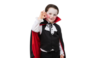 A young boy dressed in a vampire costume with a red cape and white fangs making an okay hand gesture
