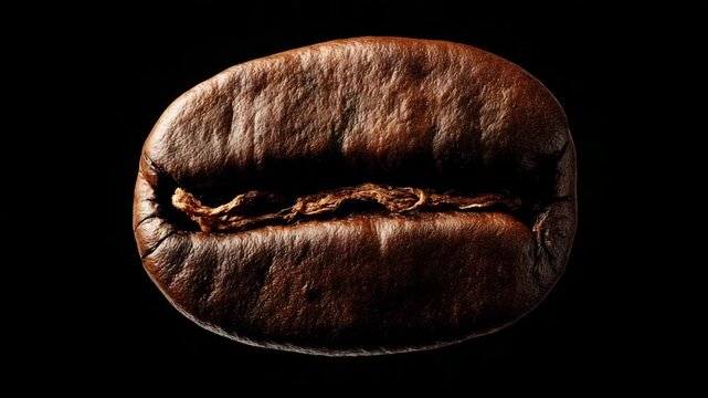 Detailed macro shot of single roasted coffee bean fly float rotating against black isolated background. Freshness, coffe production. Energy beverage, specialty brewing. Morning caffeine drink.