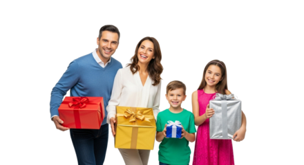 A happy family of four holding various colorful wrapped gifts in their hands against a black background