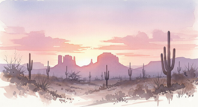 Prickly cactus landscape mountainous desert watercolour painting