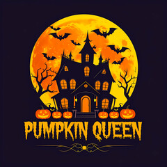 Spooky haunted house illustration with glowing windows, bats flying across full moon, creepy trees and black cat, Howl Squad Halloween horror graphic t shirt design for party and costume lovers