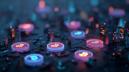 Futuristic Digital Currency Icons Glowing With Neon Effects Floating Over High-Tech Urban Landscape