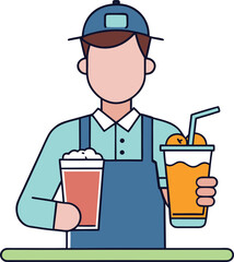 Barista serving drinks with a smile and a hat