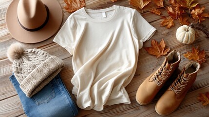 Cozy garments are arranged with vibrant autumn leaves and greenery on a rustic wooden surface, capturing the essence of fall