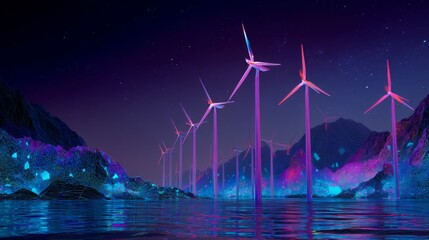 Obraz premium Futuristic Glowing Holographic Wind Farm Landscape with Vibrant Colors and Digital Elements at Dusk