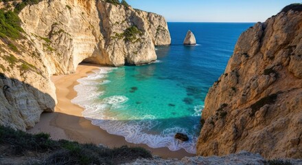 Coastal cove with a pristine sandy beach and turquoise water, framed by dramatic limestone cliffs