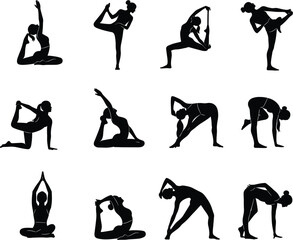 Yoga poses silhouettes of woman stretching and meditating in various flexible and balance exercises