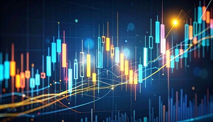 Colorful candlestick chart and trend line on grid background showing financial, Generated with AI.