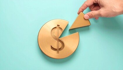 Hand taking a slice from a bronze pie chart shaped like a dollar symbol, Generated with AI.