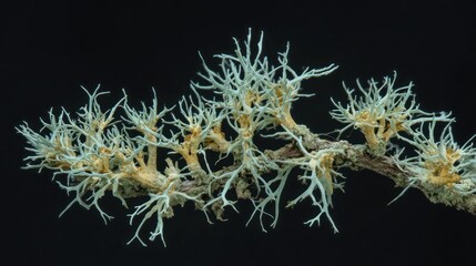 Closeup lichen branch on dark background