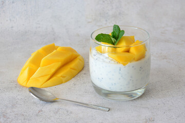 Mango Chia Seed Pudding with Fresh Fruit and Mint in a drinking glass with spoon