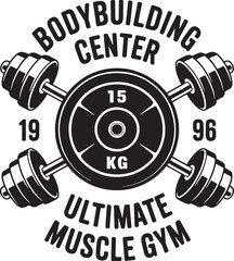 Bodybuilding Center Ultimate Muscle Gym Logo With Dumbbells And Weight Plate fitness strength