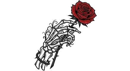 A skeleton hand holds a vibrant red rose, entwined with thorny vines, against a white background.