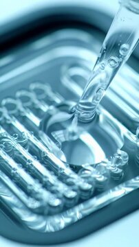 High-tech, cleanroom-gloved hand meticulously pipetting a clear viscous fluid into gleaming microfluidic chip with a slow dolly push-in, concept of scientific advancement