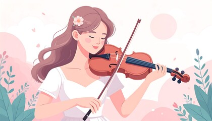 A lovely lady serenades with a violin, her gentle music filling a spring-like scene.