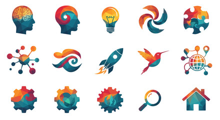 A collection of colorful abstract conceptual icons and logos representing ideas, technology, nature, and industry.