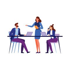 Obraz premium Business Meeting at Office illustration. A business team is meeting around a table. A leader is standing and giving a presentation.