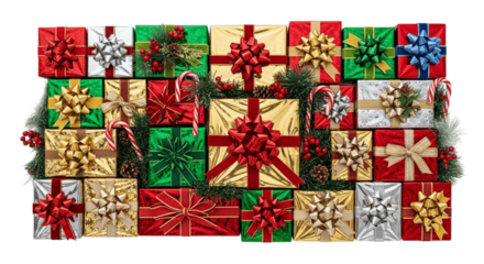 Isolated stack of brightly wrapped Christmas presents with festive bows on transparent background for mockup and creative holiday design use