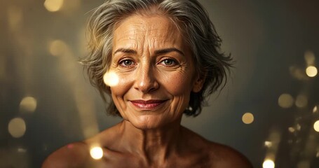 Glowing golden sparkles emerging at chest illuminating senior woman in studio, swirling, fading - Powered by Adobe