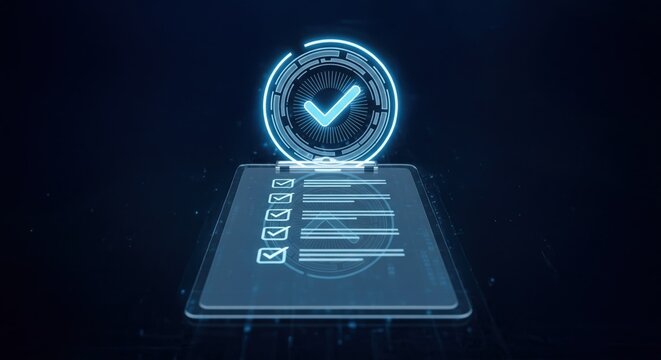 A futuristic glass clipboard with glowing blue checklist and badge in high tech digital space, policy documentation and compliance, terms and conditions, user agreement