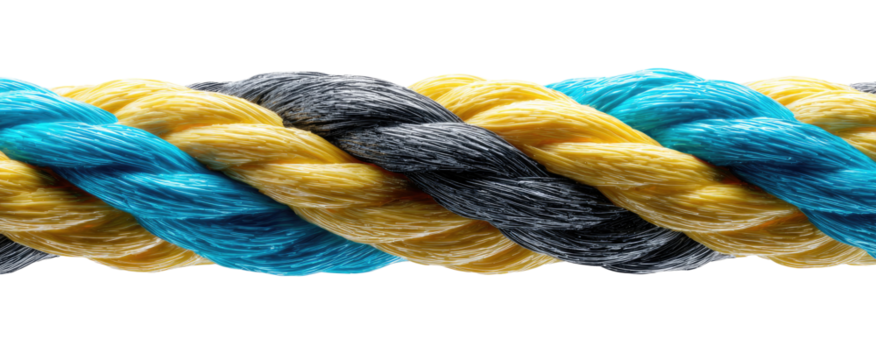 Close-up of a twisted rope with vibrant yellow, dark gray, and teal blue strands
