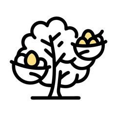 Illustration of a tree with bird nests and eggs, representing nature, spring, and new beginnings in a colorful design
